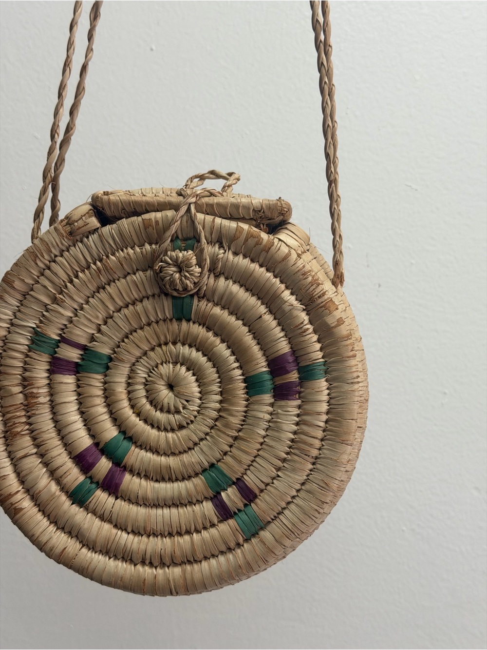 Handwoven Round Straw Crossbody Bag in Natural with Green & Purple Accents - Picture 3 of 3